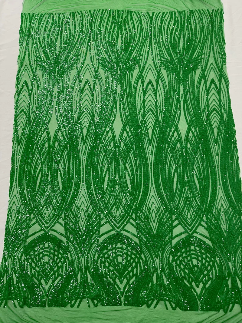 Long Wavy Pattern Sequins - Green Iridescent - 4 Way Stretch Sequins Fabric Line Design By Yard
