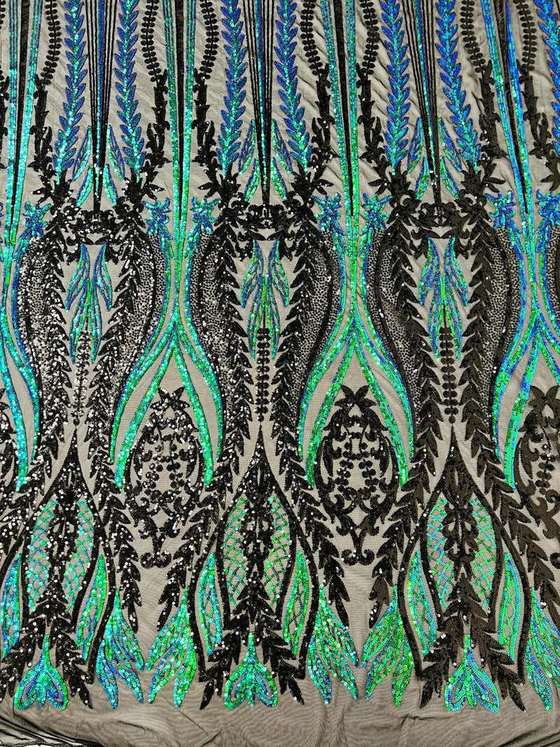 Mermaid Design Sequins Fabric - Blue Green Iridescent / Black - Sequins Fabric 4 Way Stretch on Mesh By Yard