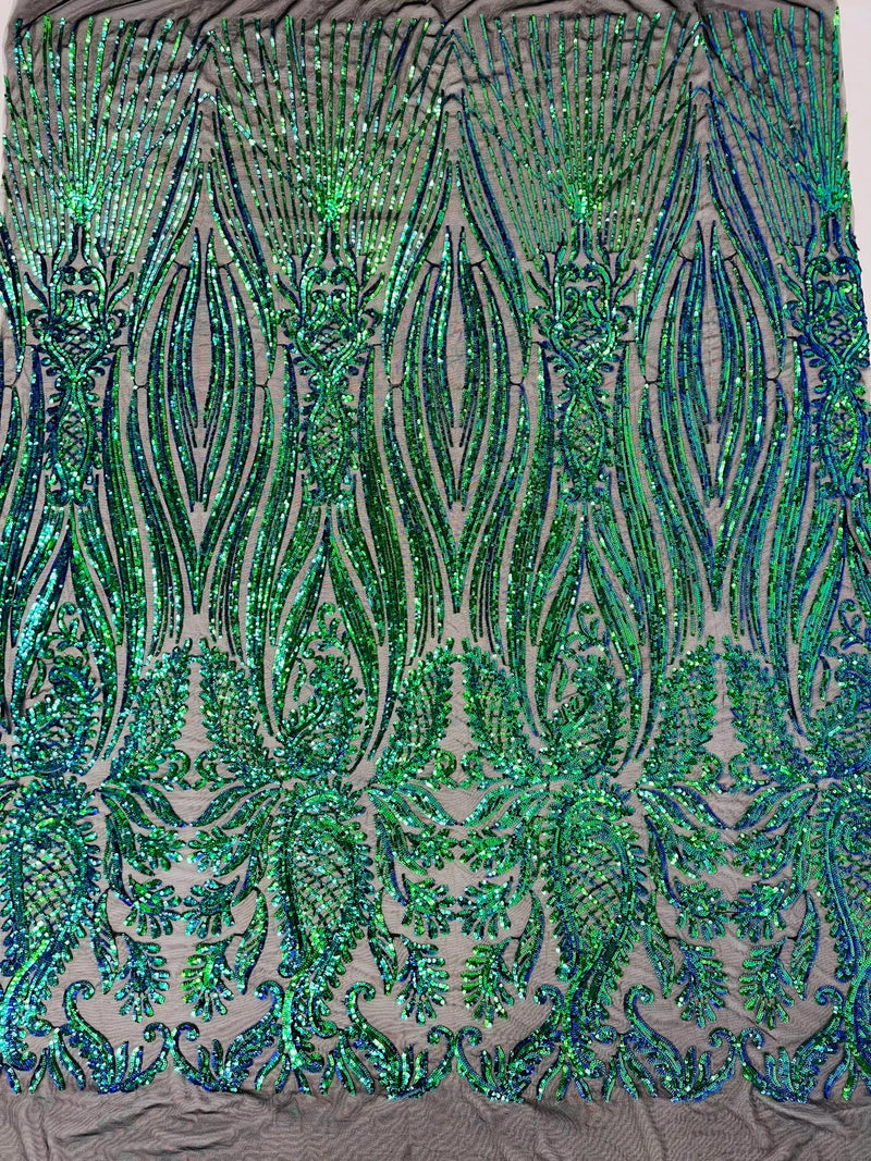 Paisley Sequin Fabric - Green Mermaid - Line Pattern 4 Way Stretch Elegant Fabric By The Yard