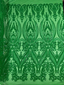 Big Damask Sequins Fabric - Green on Green - 4 Way Stretch Damask Sequins Design Fabric By Yard