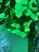 Jumbo 1.5" Circle Sequins - Green - Jumbo Sequins On Mesh Fabric Sold By The Yard