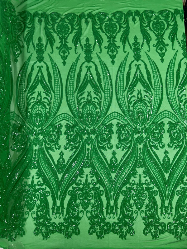 Big Damask Sequins Fabric - Green on Green - 4 Way Stretch Damask Sequins Design Fabric By Yard