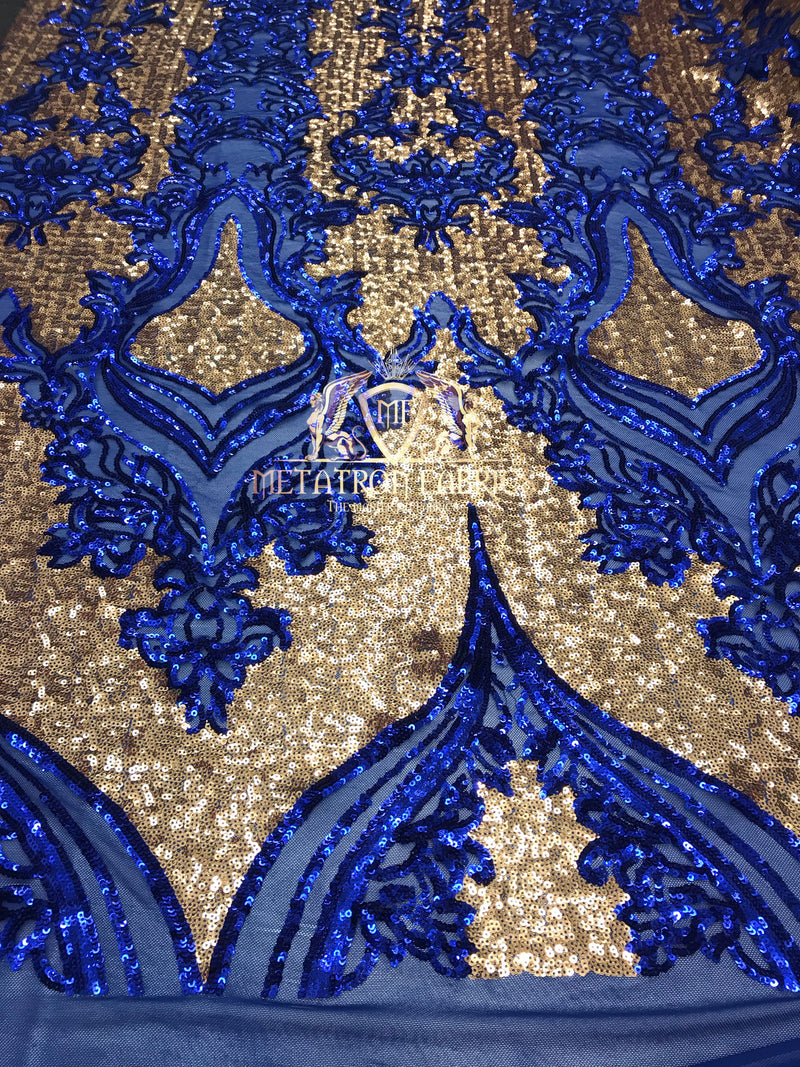 4 Way Stretch - Royal Blue and Gold - Two Tone Flower Design Sequins On Stretch Mesh By The Yard
