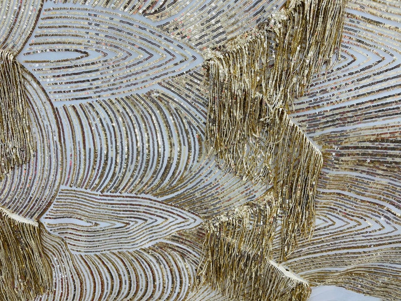 Gold Fringe Sequins - Dangle 4 Way Stretch Fancy Sequins Fabric Sold By The Yard