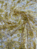 Holographic Sequins Lace - Gold - Flower Sequins Lace Design w/ Metallic Thread by Yard