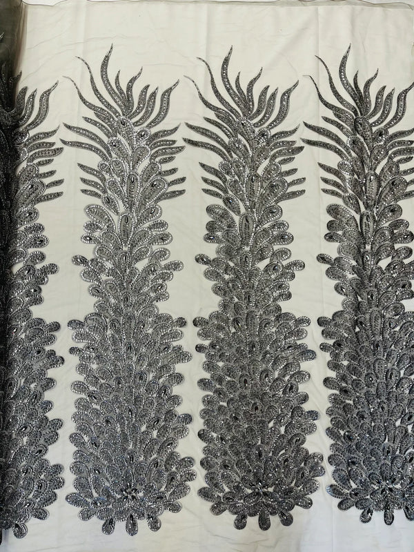 3D Beaded Peacock Feathers - Gray - Vegas Design Embroidered Sequins and Beads On a Mesh Lace Fabric (Choose The Panels)