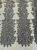 3D Beaded Peacock Feathers - Gray - Vegas Design Embroidered Sequins and Beads On a Mesh Lace Fabric (Choose The Panels)