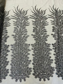 3D Beaded Peacock Feathers - Gray - Vegas Design Embroidered Sequins and Beads On a Mesh Lace Fabric (Choose The Panels)