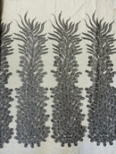 3D Beaded Peacock Feathers - Gray - Vegas Design Embroidered Sequins and Beads On a Mesh Lace Fabric (Choose The Panels)