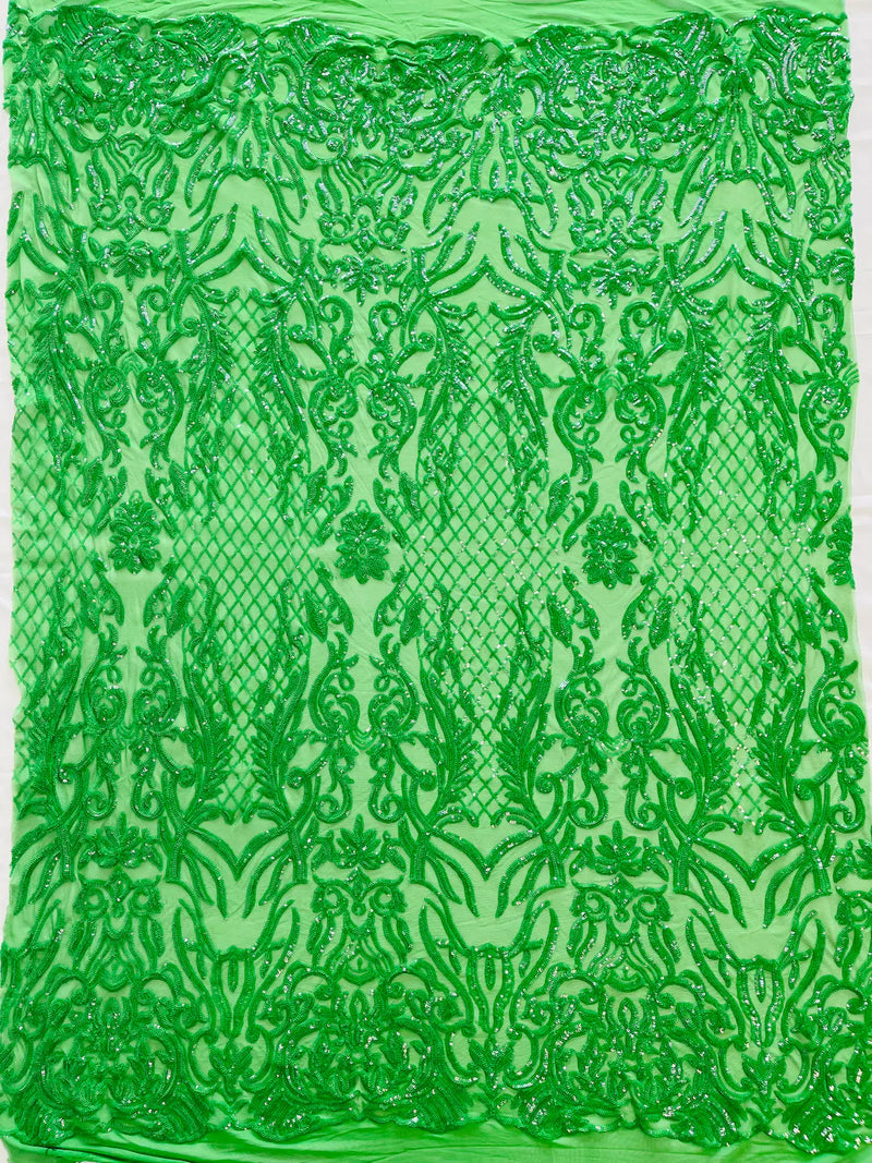 4 Way Stretch Fabric - Green - Sequins Design on Spandex Mesh Fashion Fabric