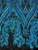 Big Damask Sequins Fabric - Green Iridescent - 4 Way Stretch Damask Sequins Design Fabric By Yard