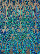 Big Damask Sequins Fabric - Green Iridescent - 4 Way Stretch Damask Sequins Design Fabric By Yard