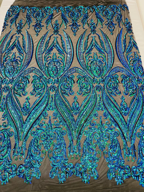 Big Damask Sequins Fabric - Green Iridescent - 4 Way Stretch Damask Sequins Design Fabric By Yard