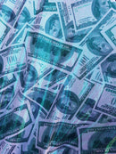 Money Print Fabric - Metallic Green - 100 Dollar Bills Stretch Spandex Fabric By The Yard