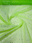 Foil Star Organza - Silver On Lime Green - 60" Sheer Silver Star Organza Fabric Sold By Yard