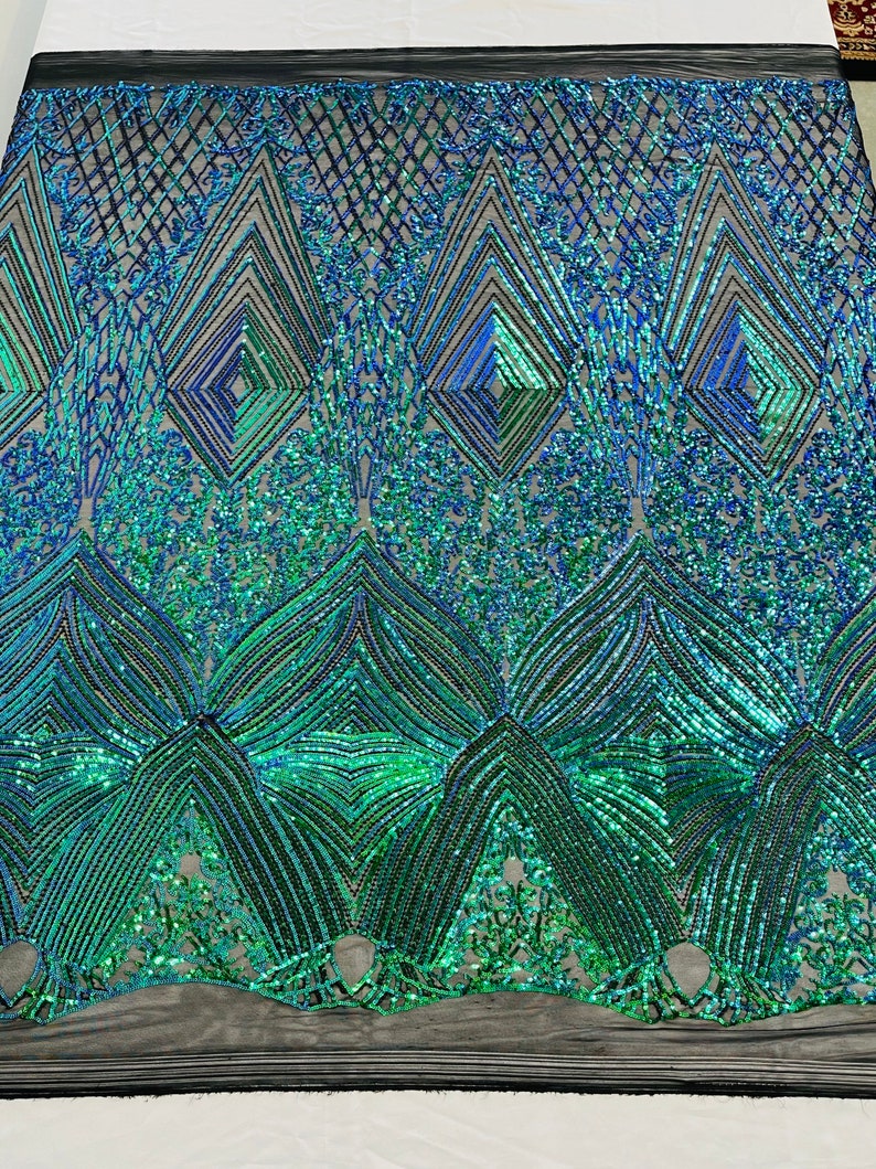 Green Iridescent Sequins Fabric on Black Mesh, GEOMETRIC Design 4 way Stretch By The Yard