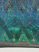 Green Iridescent Sequins Fabric on Black Mesh, GEOMETRIC Design 4 way Stretch By The Yard