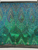 Green Iridescent Sequins Fabric on Black Mesh, GEOMETRIC Design 4 way Stretch By The Yard