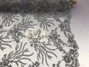 Beaded - Silver - Fancy Flower Design Sequins Fabric with Beads Sold By The Yard