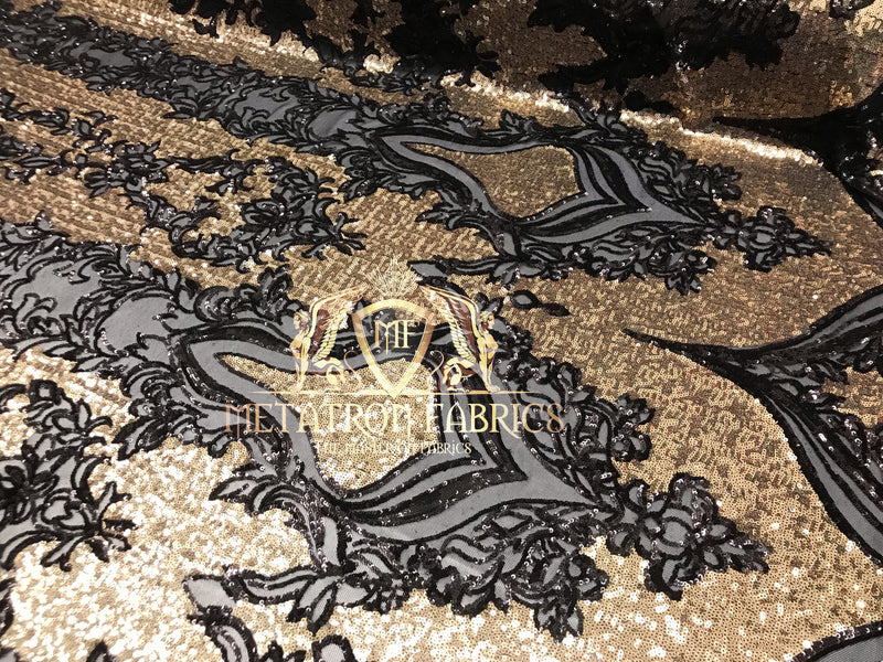 4 Way Stretch - Black and Gold - Two Tone Flower Design Sequins On Stretch Mesh Sold By The Yard