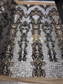 4 Way Stretch - Silver and Black - Two Tone Flower Design Sequins On Stretch Mesh By The Yard