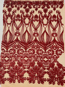 Damask Heart Design - Iridescent Red on Nude - Damask with Heart Design Sequins on Mesh By Yard