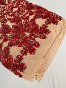 Damask Heart Design - Iridescent Red on Nude - Damask with Heart Design Sequins on Mesh By Yard