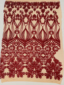 Damask Heart Design - Iridescent Red on Nude - Damask with Heart Design Sequins on Mesh By Yard