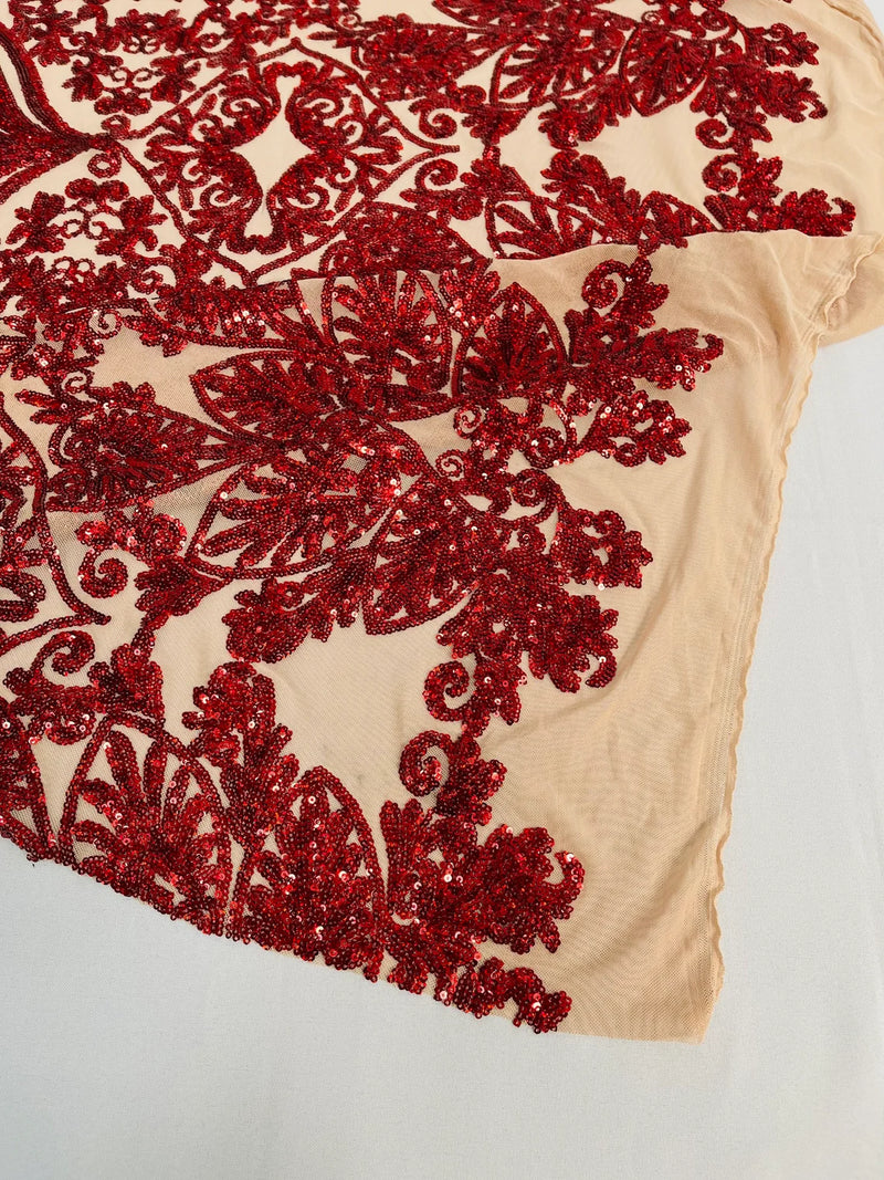 Damask Heart Design - Iridescent Red on Nude - Damask with Heart Design Sequins on Mesh By Yard
