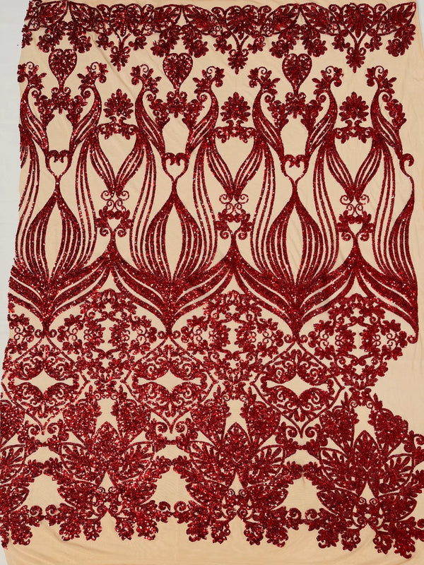 Damask Heart Design - Iridescent Red on Nude - Damask with Heart Design Sequins on Mesh By Yard