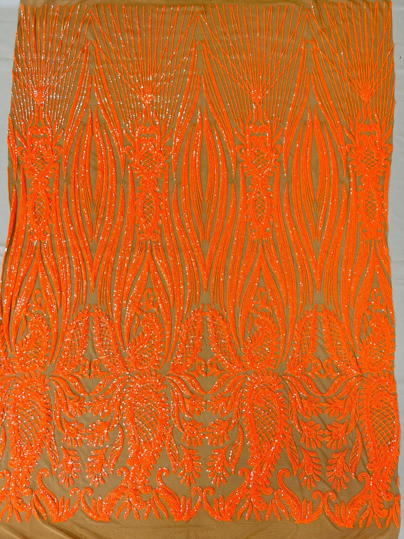 Paisley Sequin Fabric - Holographic Orange - Line Pattern 4 Way Stretch Elegant Fabric By The Yard