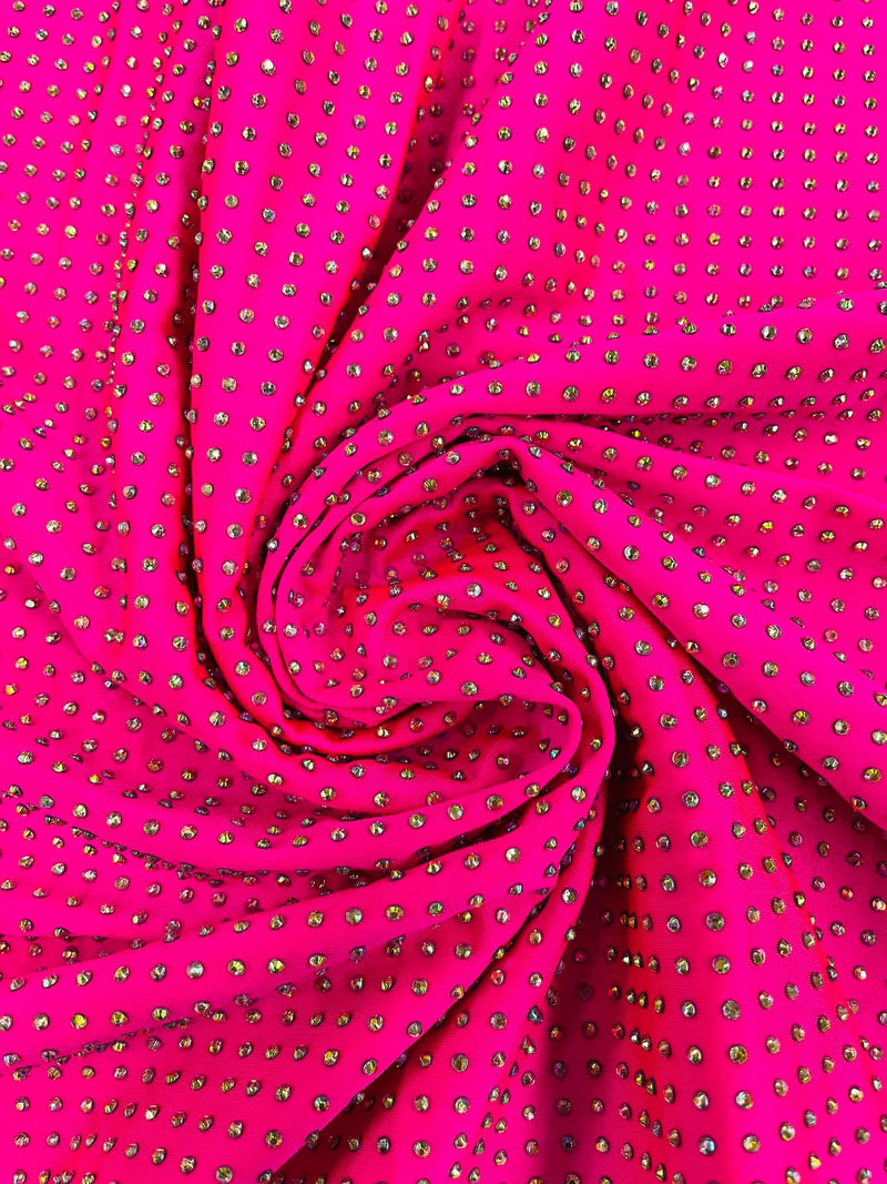 Solid Color Rhinestone Fabric - Hot Pink - 4 Way Stretch Soft Solid Color Fabric with Crystal Stones Sold By Yard