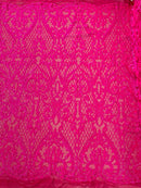 Heart Damask Sequins - Hot Pink - 4 Way Stretch Elegant Shiny Net Sequins Fabric By Yard