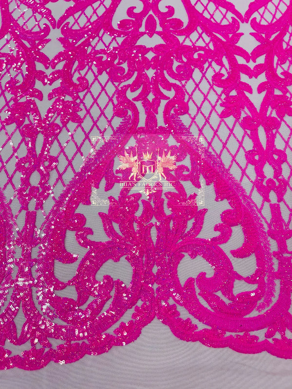 Heart Damask Sequins - Hot Pink - 4 Way Stretch Elegant Shiny Net Sequins Fabric By Yard