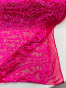 Heart Damask Sequins - Hot Pink - 4 Way Stretch Elegant Shiny Net Sequins Fabric By Yard