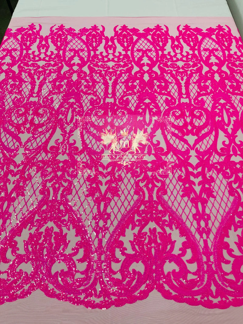 Heart Damask Sequins - Hot Pink - 4 Way Stretch Elegant Shiny Net Sequins Fabric By Yard