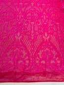 Heart Damask Sequins - Hot Pink - 4 Way Stretch Elegant Shiny Net Sequins Fabric By Yard