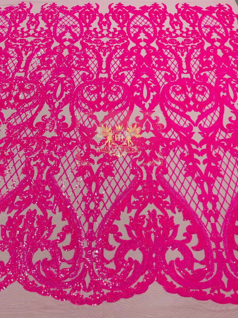 Heart Damask Sequins - Hot Pink - 4 Way Stretch Elegant Shiny Net Sequins Fabric By Yard