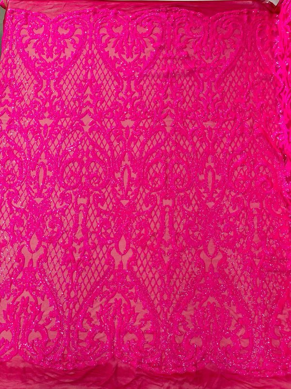 Heart Damask Sequins - Hot Pink - 4 Way Stretch Elegant Shiny Net Sequins Fabric By Yard