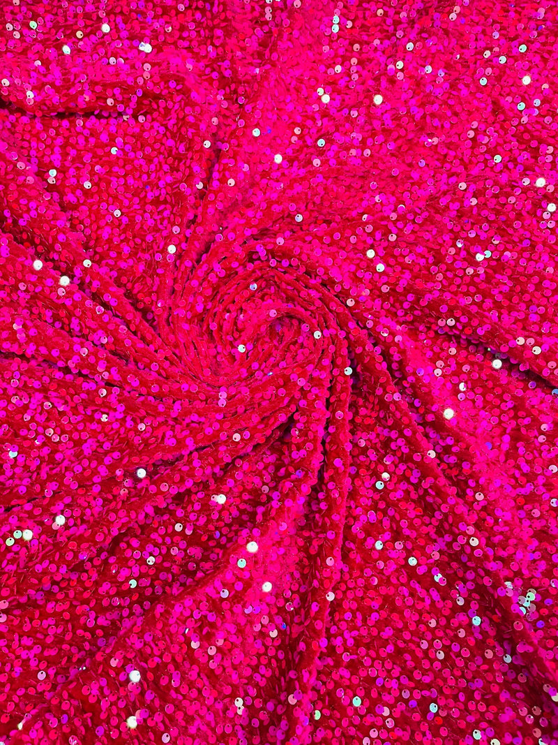 Stretch Velvet Sequins Fabric - Hot Pink Iridescent - Velvet Sequins 2 Way Stretch 58/60” By Yard