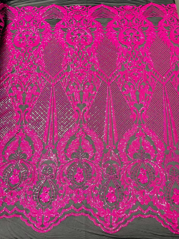 4 Way Stretch Fabric - Hot Pink on Black - Embroidered Pattern Design Sequins Fabric on Mesh By Yard