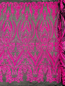 Big Damask Sequins Fabric - Hot Pink on Black - 4 Way Stretch Damask Sequins Design Fabric By Yard