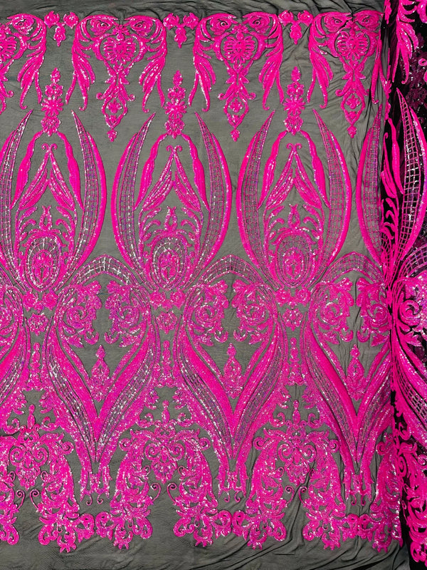 Big Damask Sequins Fabric - Hot Pink on Black - 4 Way Stretch Damask Sequins Design Fabric By Yard