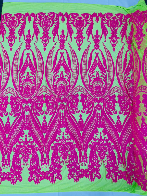 Big Damask Sequins Fabric - Hot Pink on Lime Green - 4 Way Stretch Damask Sequins Design Fabric By Yard