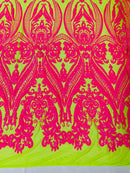 Big Damask Sequins Fabric - Hot Pink on Lime Green - 4 Way Stretch Damask Sequins Design Fabric By Yard
