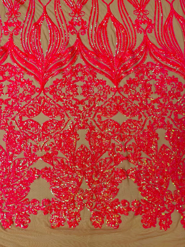 Damask Heart Design - Hot Pink on Nude - Damask with Heart Design Sequins on Mesh By Yard