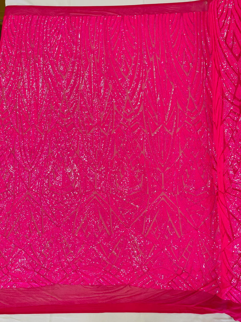 Geometric Fabric - Hot Pink - Geometric Sequins Pattern Design 4 Way Stretch Sold By Yard