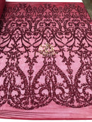 4 Way Stretch - Burgundy - Sequins Damask Design Fabric Embroidered On Mesh Sold By The Yard