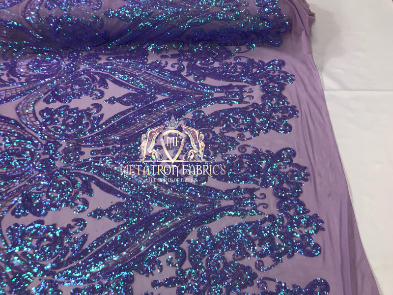 Big Damask Sequins Fabric - Iridescent Lilac - 4 Way Stretch Damask Sequins Design Fabric By Yard