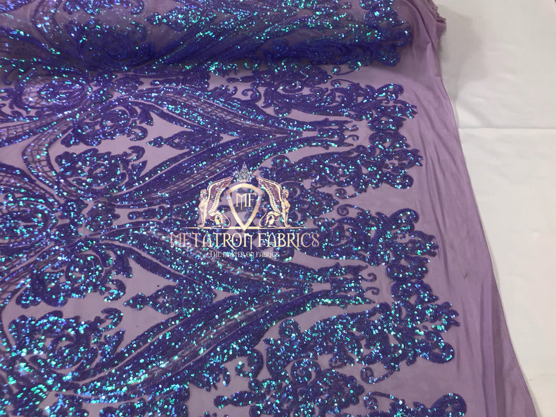 17 Yards Iridescent Lilac - Sequins 4 Way Stretch Fabric Embroidered On Mesh